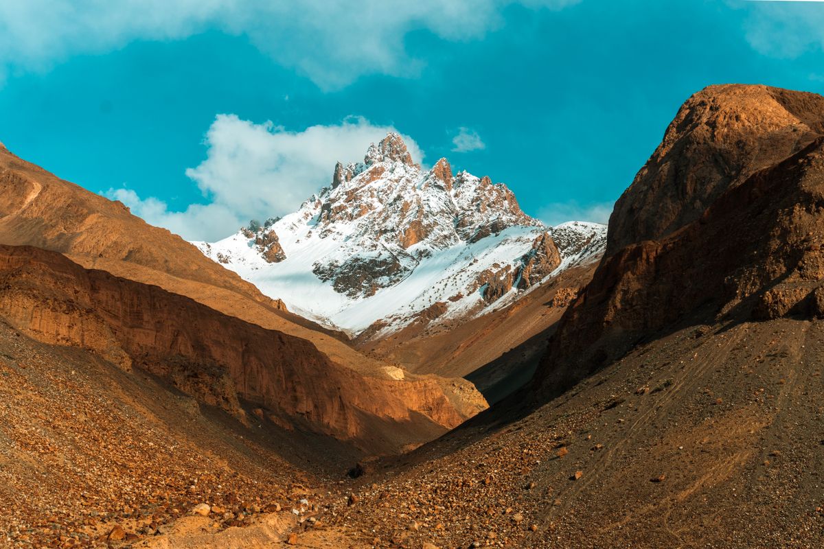 Snow-covered peaks above a broad highland valley
